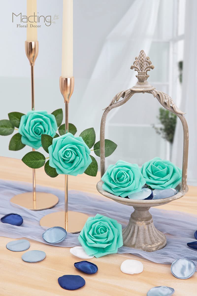 MACTING Artificial Flower Roses 30PCS Real Touch Fake Flowers with Stem Foam Roses for DIY Wedding Bouquets Table Centerpieces Party Baby Shower Home Summer Mothers Day Decoration (Mint Green) - Image 5